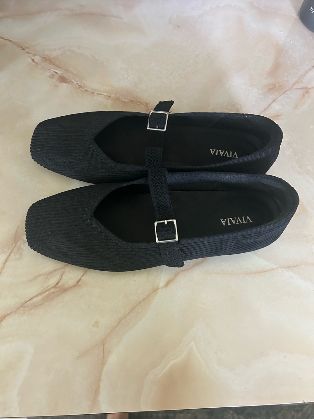Avia Black Knit Square-Toe Mary Jane Flats with Buckle